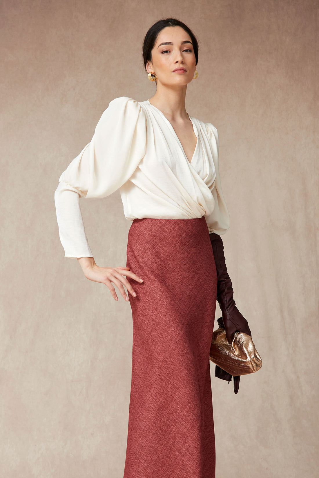 Cranberry wool midi skirt with cream silk blouse